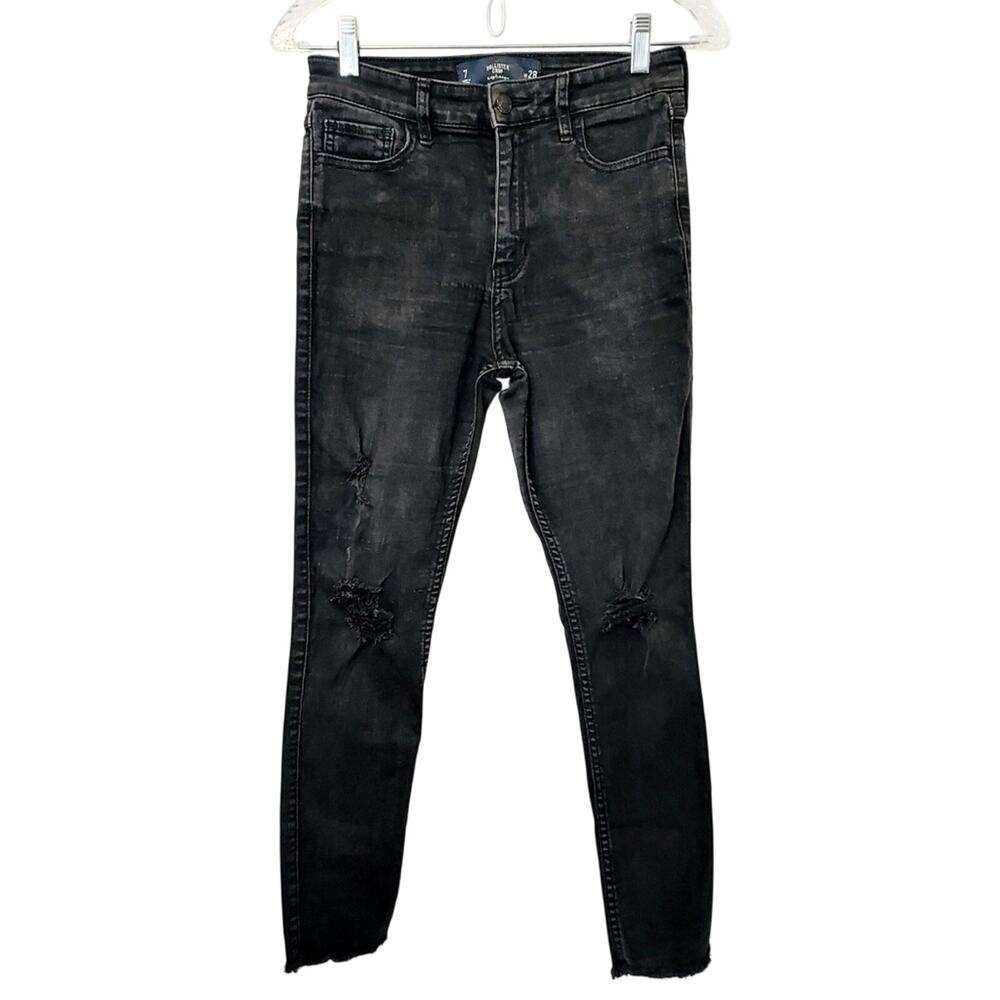 Hollister Crop High Rise Distressed Skinny Black Wash Denim Jeans 28